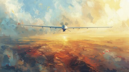 Capturing the vast desert panorama, a solar-powered drone soars high, painting a watercolor scene of the expansive landscape below.
