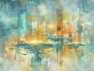 Space elevator base station with bustling activity, futuristic shuttles docking, watercolor painting.