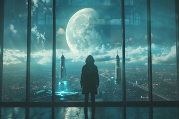 Fototapeta na wymiar floortoceiling window,Astronaut, rocket, moon, cyberpunk, science fiction, illustration style, bright