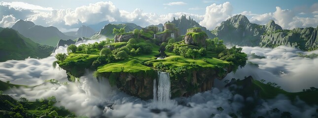 Flying land with beautiful landscape, green grass and waterfalls mountains 3d rendered floating forest island isolated with clouds