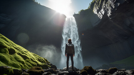 man stood front of a majestic waterfall wonderful observation on a sunlight background
