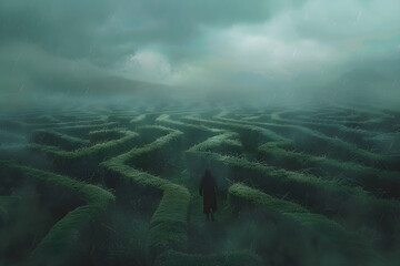 Journey of Solitude: A Metaphoric Interpretation of 'Nyasar' through a Labyrinth Scene - obrazy, fototapety, plakaty