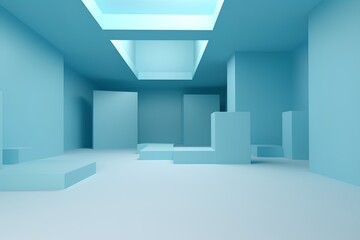 Abstract blue empty room interior with geometric shapes. 3d render illustration