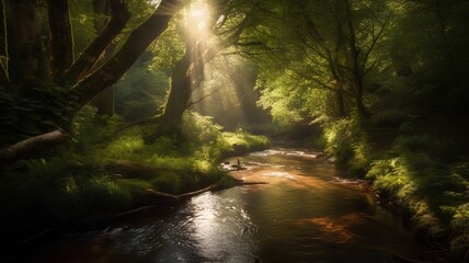 Beautiful river in the forest with sun rays and lens flare.