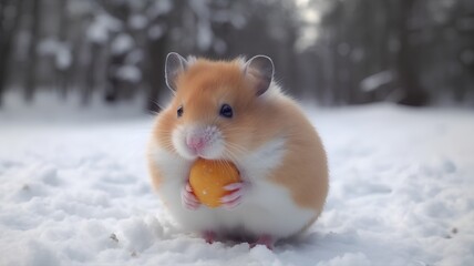 Hamster in the snow with an orange ball in the winter forest