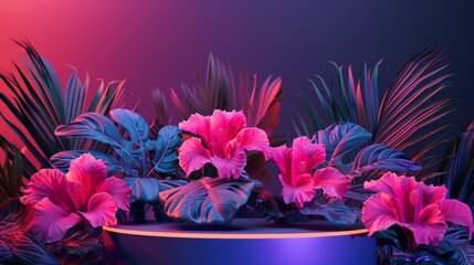 As the sun sets over the neonhued sky this podium stands out with its eyecatching tropical theme. Bold and fluorescent pink flowers . .