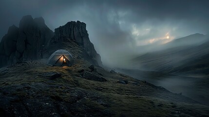 a little dome tent with a person in an impressive landscape, nature scenery, masterpiece - obrazy, fototapety, plakaty