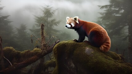 Red panda sitting on a tree trunk in the forest with fog - Powered by Adobe