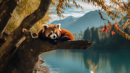 Red panda on the tree with lake and mountains in background.
