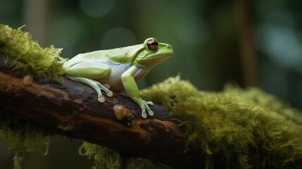White-eyed tree frog (Litoria caerulea) sitting on a branch