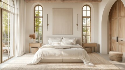 An airy bedroom with a neutral color scheme and minimalist furnishings. The focus is on the large platform bed dressed in crisp white linens and accented with a single oversized statement . - obrazy, fototapety, plakaty