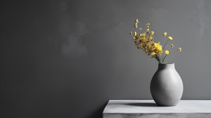 Vase with yellow flowers on grey wall background. 3d render