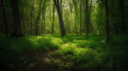Beautiful green forest in spring time. Nature background with copy space