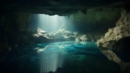 Underwater view of a dark cave with light rays coming through it