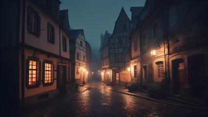 Old street in Riquewihr at night, France.