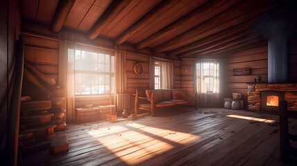 Fototapeta na wymiar Interior of a wooden house in the rays of the sun.