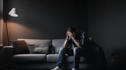 Depressed young woman sitting on sofa in dark room and holding head - Powered by Adobe