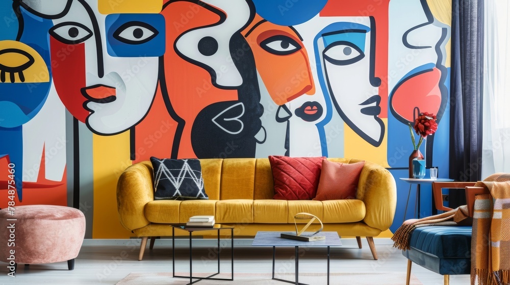 Poster a mixture of abstract faces and figures in bold and contrasting hues adding a touch of whimsy and pl