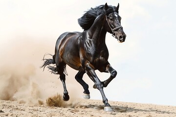 A black horse sprinting forward, dust is flying, Pure white background, powerful