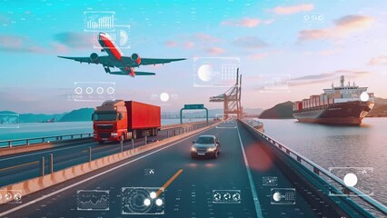 International logistics and freight transport with high-tech data overlays