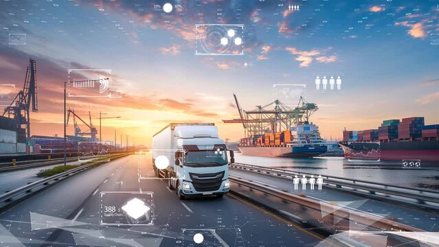International logistics and freight transport with high-tech data overlays