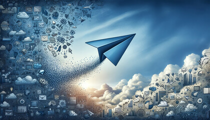 A blue paper airplane is flying through a cloud of paper, with various other paper airplanes and objects scattered around it. Concept of chaos and movement