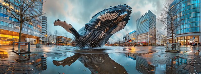 The whale slowly emerges its head from the puddles in the spacious modern streets  - obrazy, fototapety, plakaty