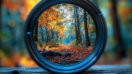 Autumn landscape with a camera lens on the background of the forest