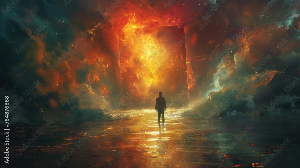 Poster a figure stands before the cube their hands outstretched as if trying to grasp its everchanging form