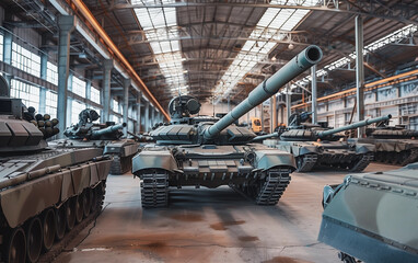 Military Hangar Packed With Combat Tanks, Armored Vehicles Prepared for Deployment - army hangar, military tanks depot.