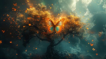 A butterfly emerges from its co representing the transformative process of aligning with the natural world and evolving ones consciousness.