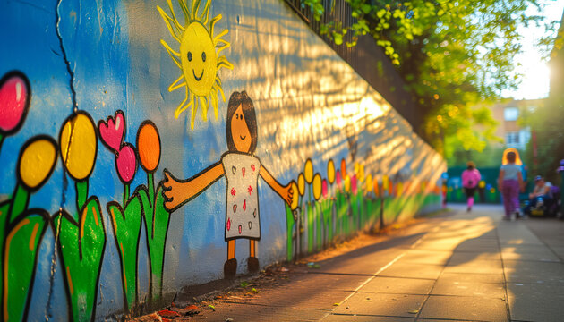 Children's drawings on the school walls. Children and school.