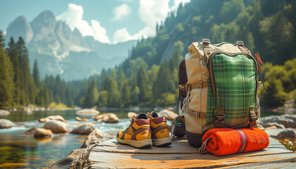 Traveler's backpack and accessories on the bank of a river. Hiking in the mountains
