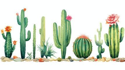 Watercolor illustration of green ink desert cactus