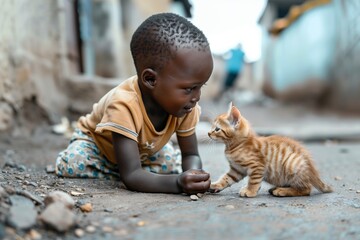An African American child plays with a kitten on the street
