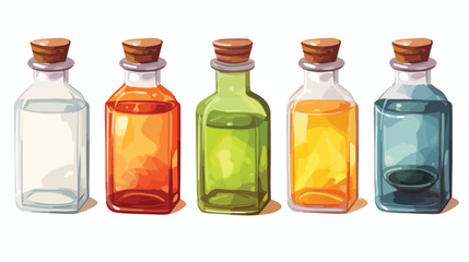 Watercolor illustration of oil glass bottles set is