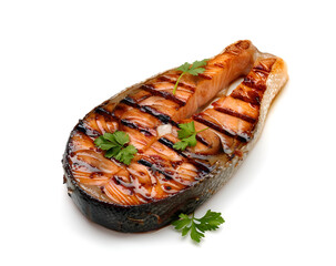 Salmon grilled roast steak isolated on transparent or white background, png	
