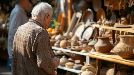 An elderly man stoops down to examine a display of handcrafted items back turned as carefully examines each piece. . . - obrazy, fototapety, plakaty