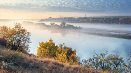 View on the Dnieper river in fog in the morning at autumn  , Generative ai, 