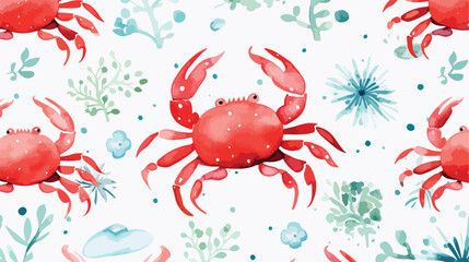 Watercolor illustration of red corals and crabs pat - obrazy, fototapety, plakaty