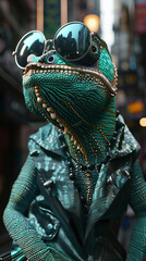 A lizard wearing sunglasses and a leather jacket