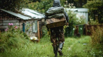 Soggy boots sink into the soft grass as a roofer carries a stack of supplies towards the house their face determined despite the relentless downpour. . - obrazy, fototapety, plakaty