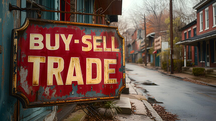 “BUY - SELL - TRADE” sign - retail - swap meet - building -  - obrazy, fototapety, plakaty