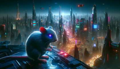 A small gray mouse is sitting on a ledge in a city. The city is lit up with neon lights and the mouse is looking up at the sky. Scene is one of wonder and curiosity - obrazy, fototapety, plakaty