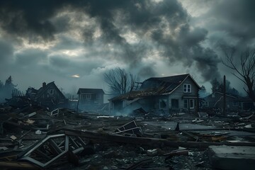 A desolate scene of a destroyed town with a house in the middle. The sky is dark and cloudy, and there is smoke in the air. Scene is one of destruction and despair