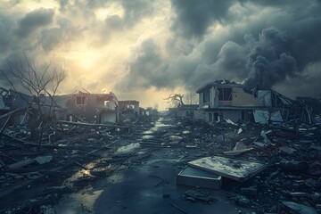 A desolate scene of a destroyed town with a few houses left standing. The sky is cloudy and the sun is setting