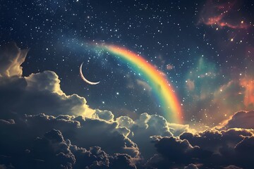 A rainbow is seen in the sky above a cloudy night. The sky is filled with stars and the moon is visible in the background. Scene is peaceful and serene, as the rainbow and stars create a beautiful