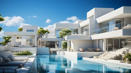 Fototapeta premium Minimalist architecture with a swimming pool in a white building, embracing modern elegance, clean lines, and contemporary design aesthetics