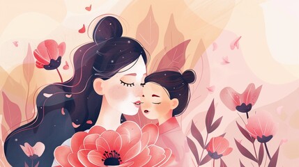 Mother and her little child on flower background