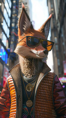 A cartoon fox wearing sunglasses and a jacket is standing in front of a building